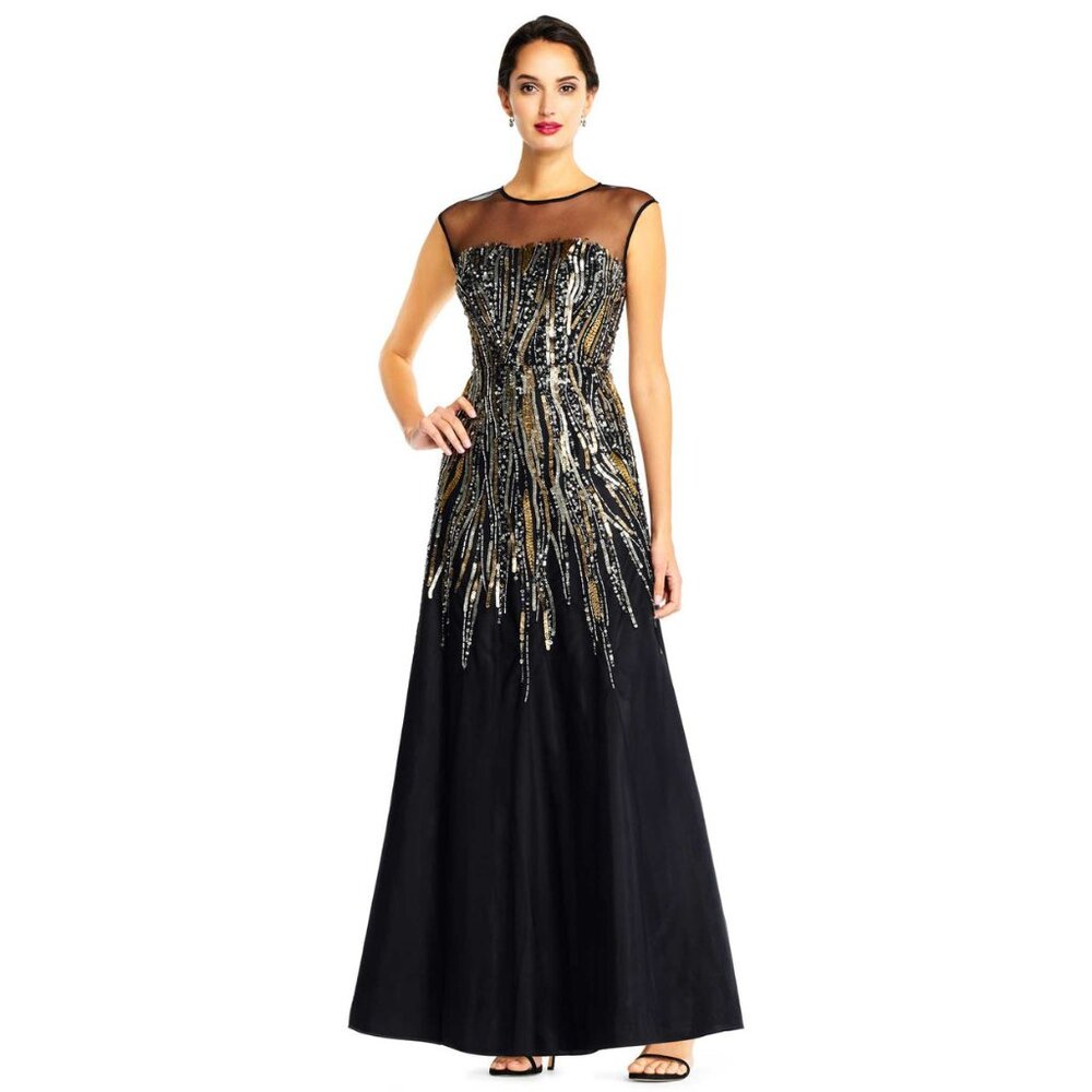 NWOT Aidan Mattox Womens Size 6 Illusion Neck Long A-Line Maxi Dress Gown NEW